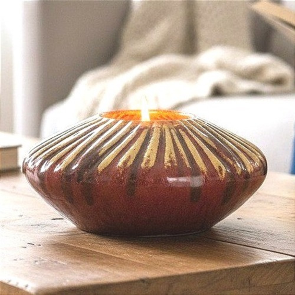 Ceramic Tabletop Candle Ribbed Oxblood Red Tan Glazed Round 11" MCM‎ Boho Decor